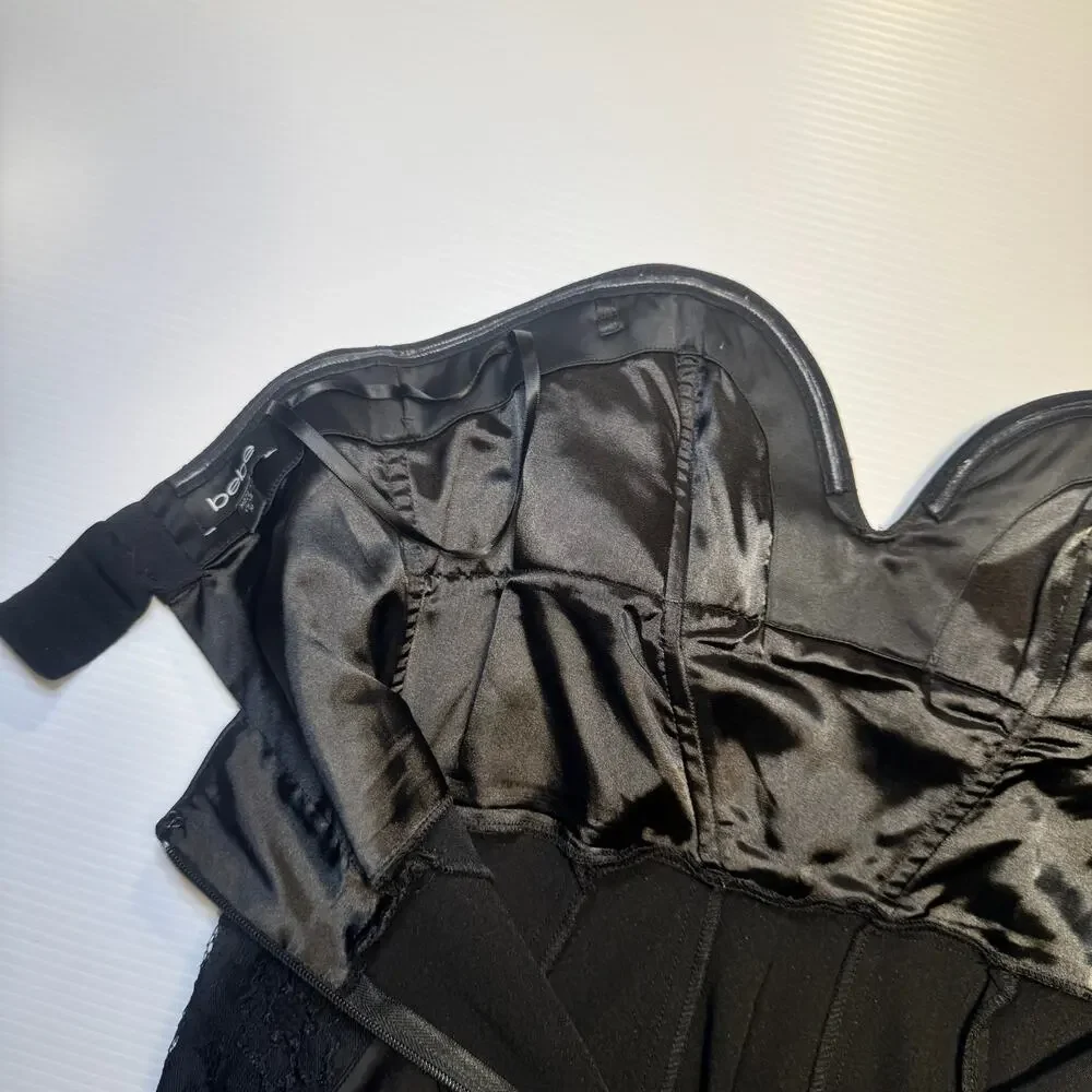 bebe Strapless Black Satin Lace Sheath Dress Women’s Medium Bodycon Bombshell - Picture 15 of 16